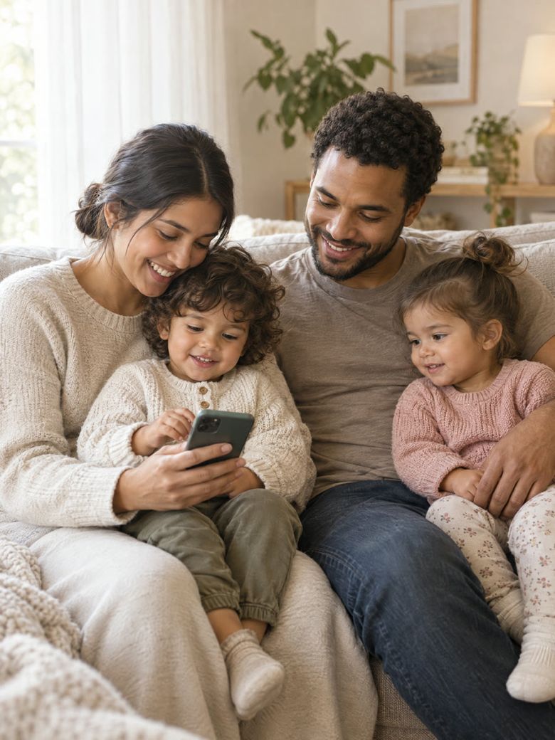 Uma jovem família em casa lendo no celular uma mensagem da sua igreja