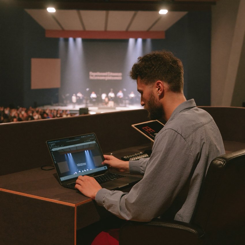 Um voluntário de mídia conduzindo a apresentação do louvor em um notebook na cabine técnica